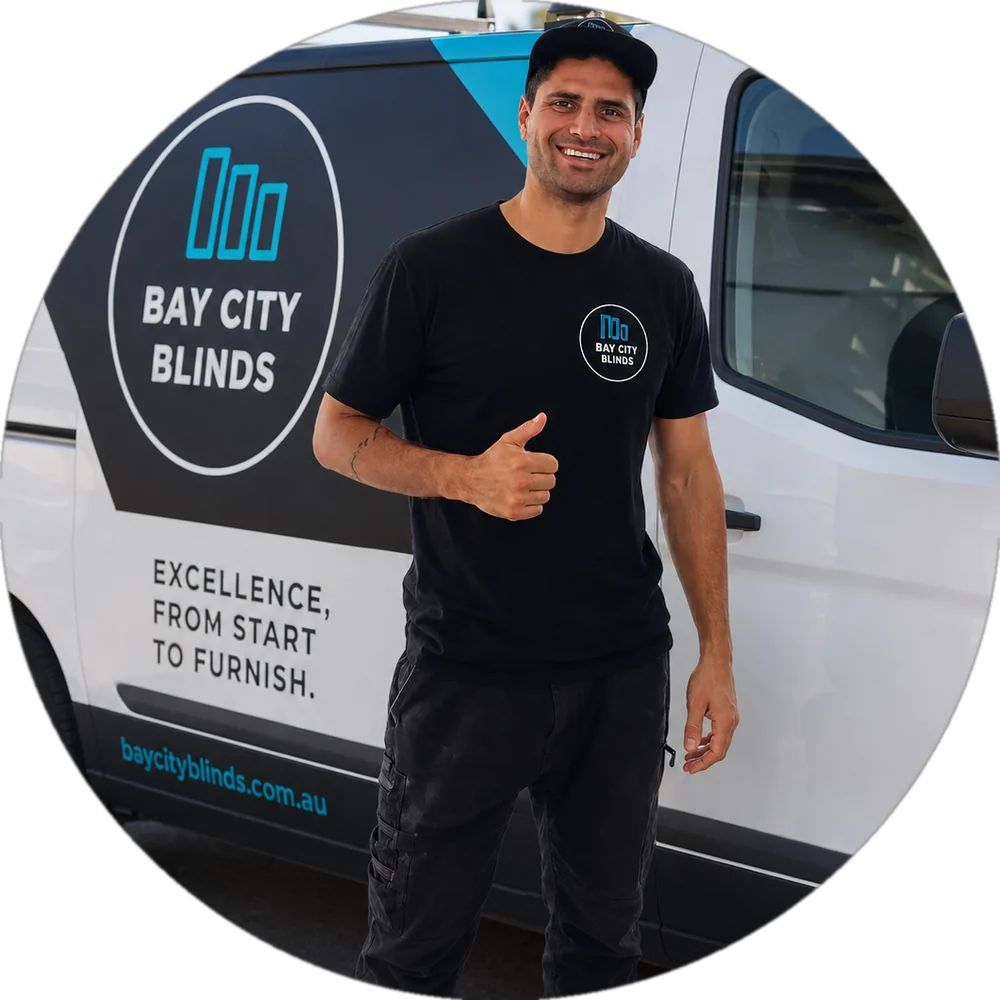 Jackson from Bay City Blinds with his mobile showroom van, serving Werribee