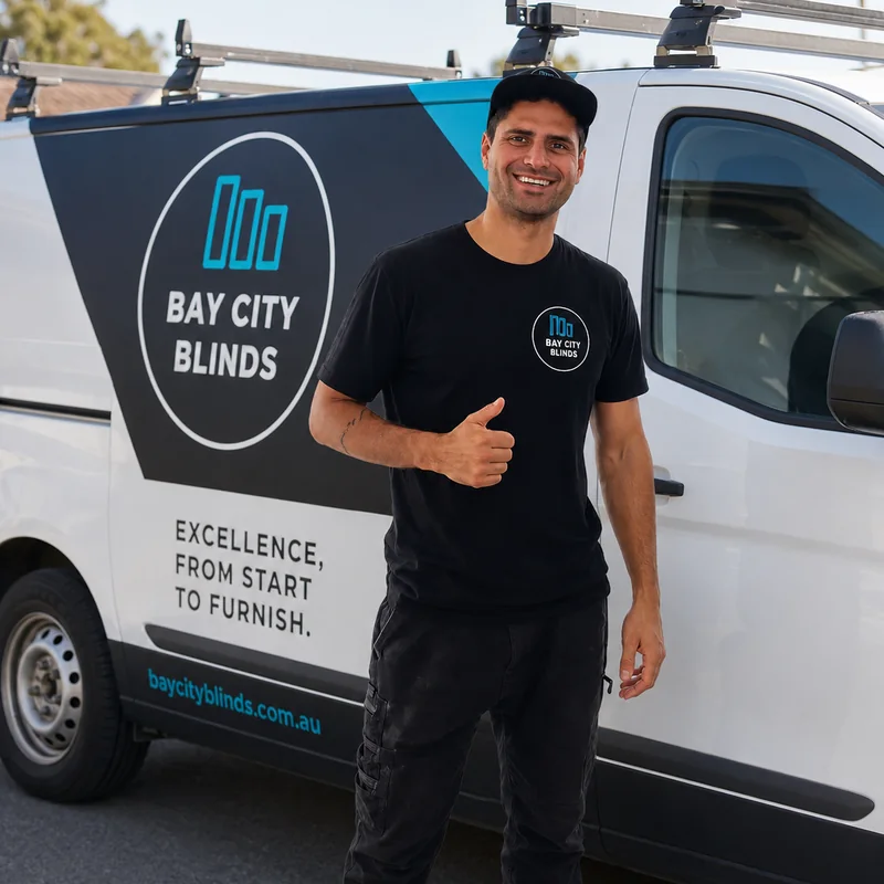 Jackson, owner of Bay City Blinds, with his mobile showroom van in Geelong